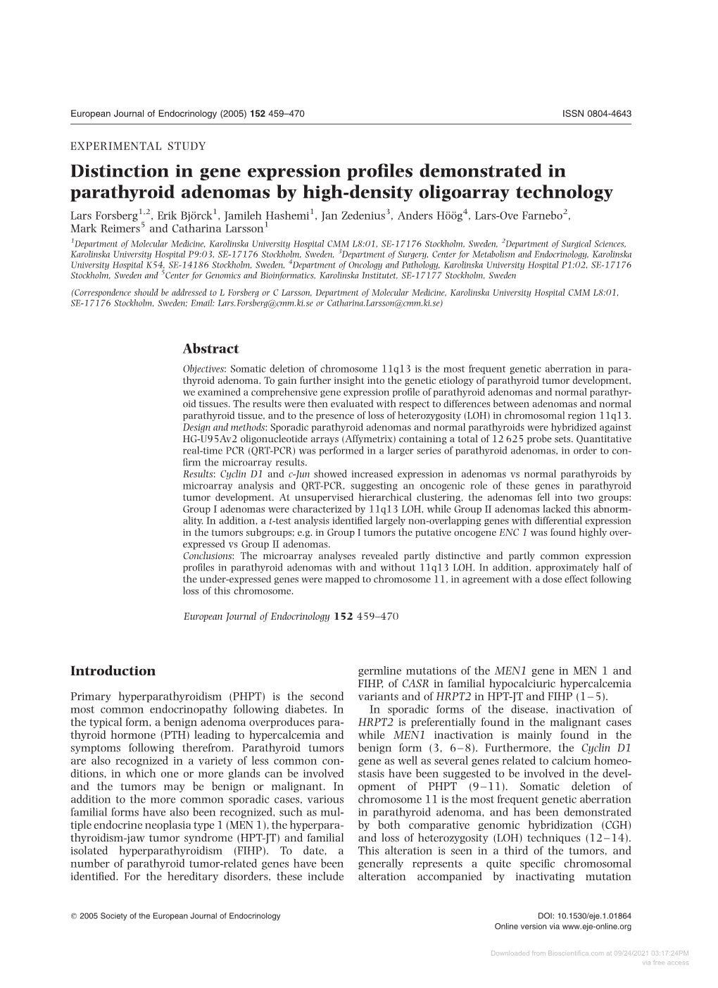 Distinction in Gene Expression Profiles Demonstrated in Parathyroid