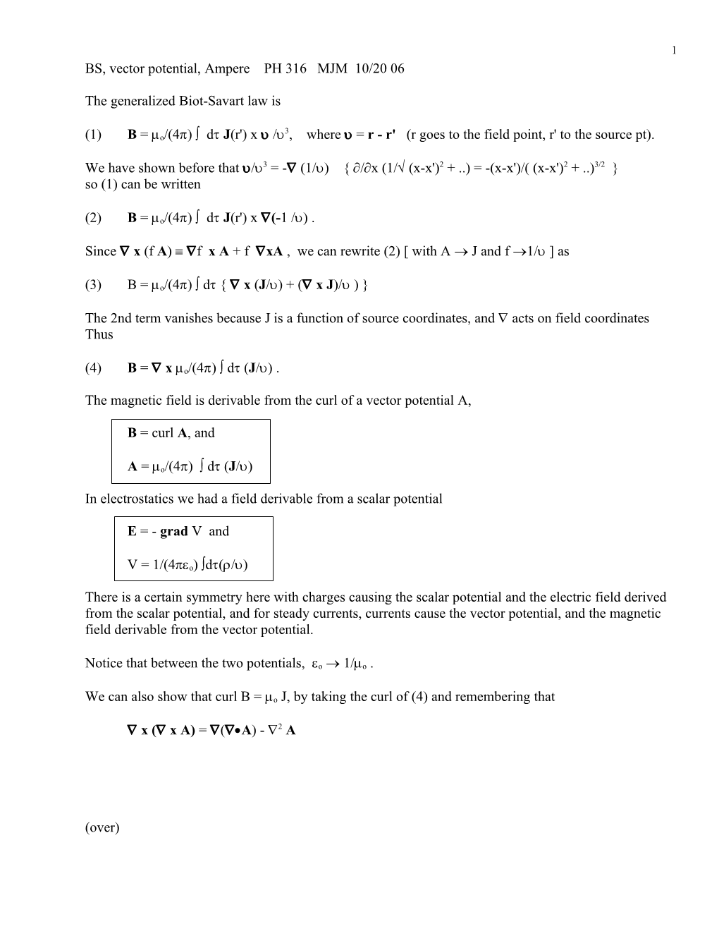 BS, Vector Potential, Ampere PH 316 MJM 10/20 06