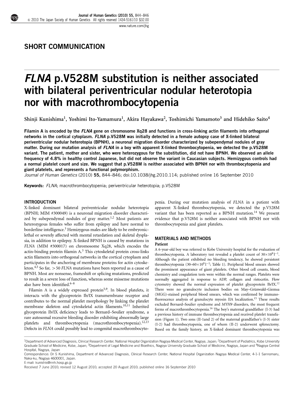 FLNA P.V528M Substitution Is Neither Associated with Bilateral Periventricular Nodular Heterotopia Nor with Macrothrombocytopenia