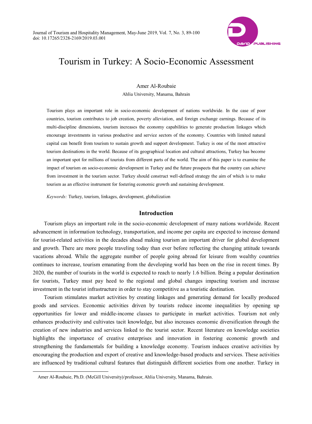 Tourism in Turkey: a Socio-Economic Assessment