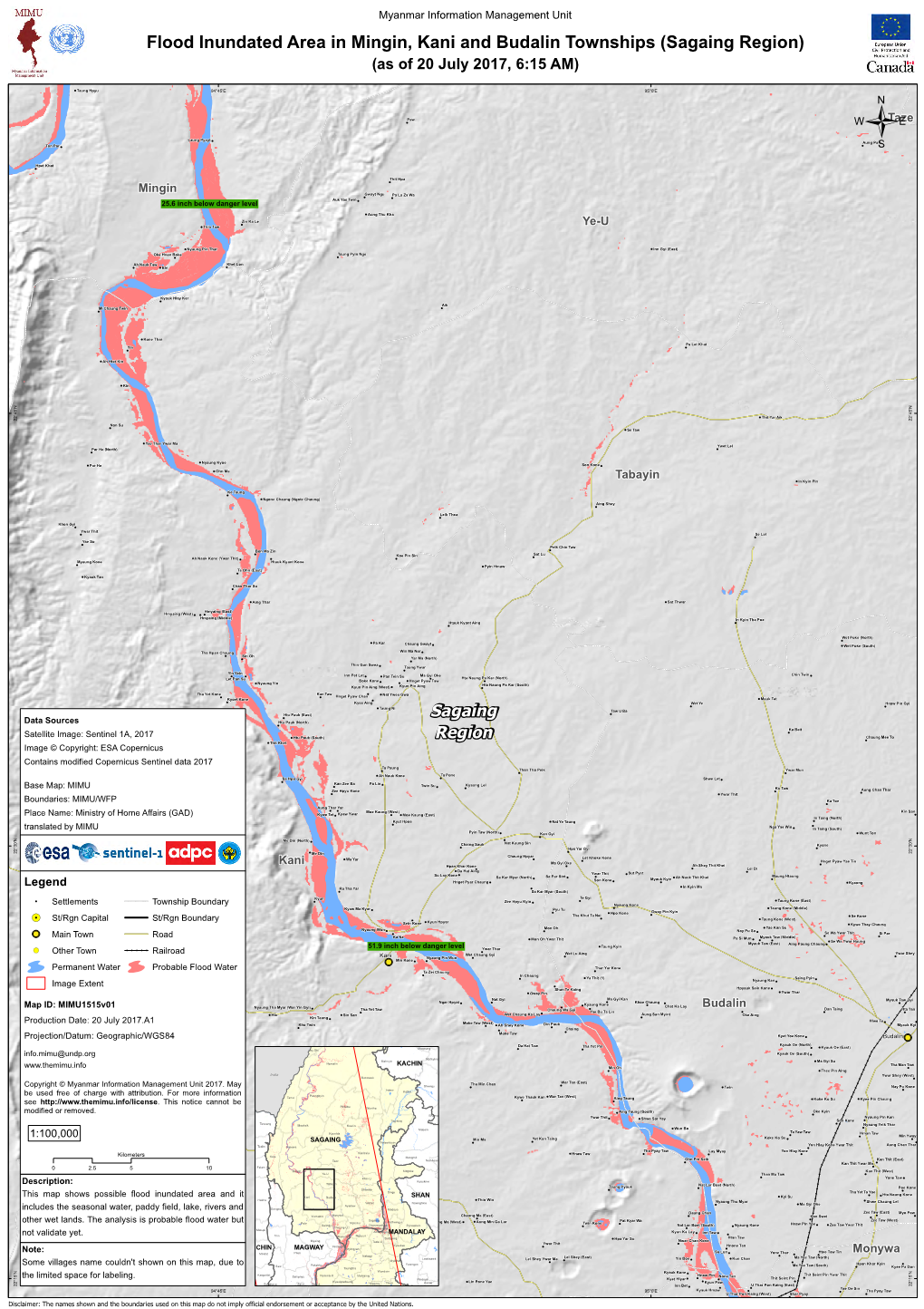 Flood Inundated Area in Mingin, Kani and Budalin Townships (Sagaing Region) (As of 20 July 2017, 6:15 AM)