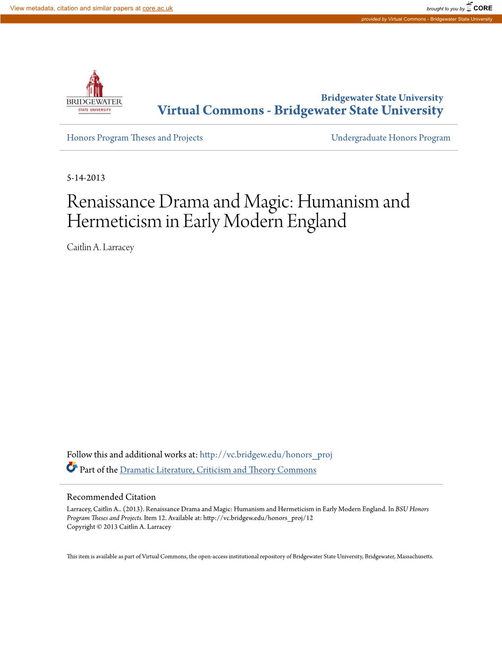 Humanism and Hermeticism in Early Modern England Caitlin A