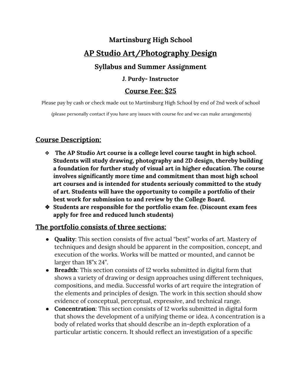 AP Studio Art/Photography Design Syllabus and Summer Assignment J