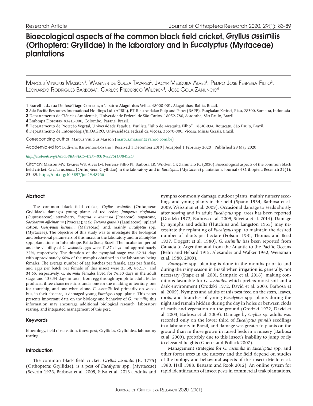 ﻿Bioecological Aspects of the Common Black Field Cricket, Gryllus Assimilis