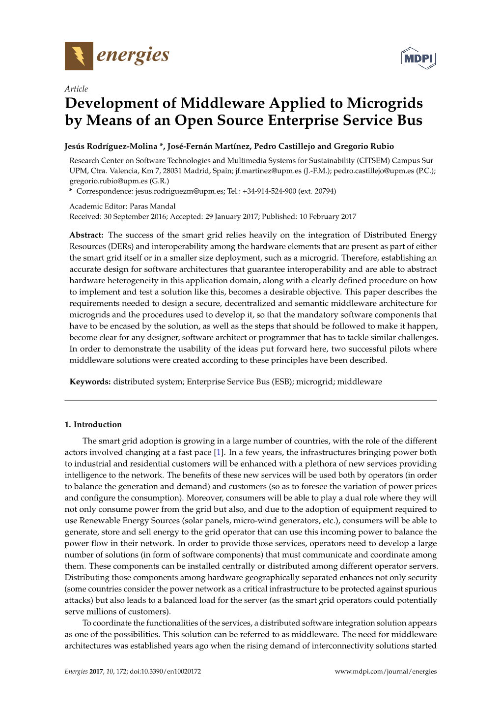 Development of Middleware Applied to Microgrids by Means of an Open Source Enterprise Service Bus