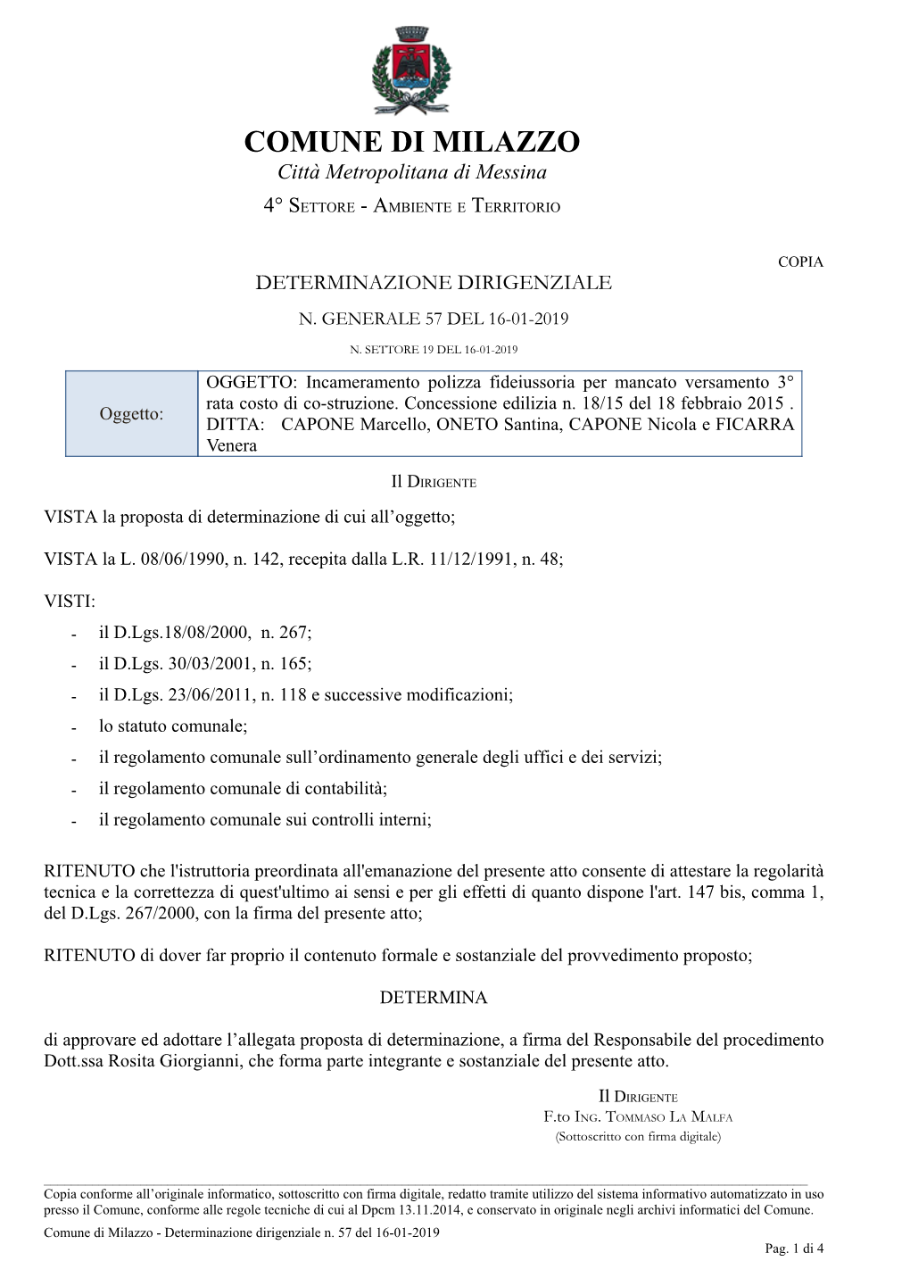 Page 1 COMUNE DI MILAZZO Città Metropolitana Di Messina 4