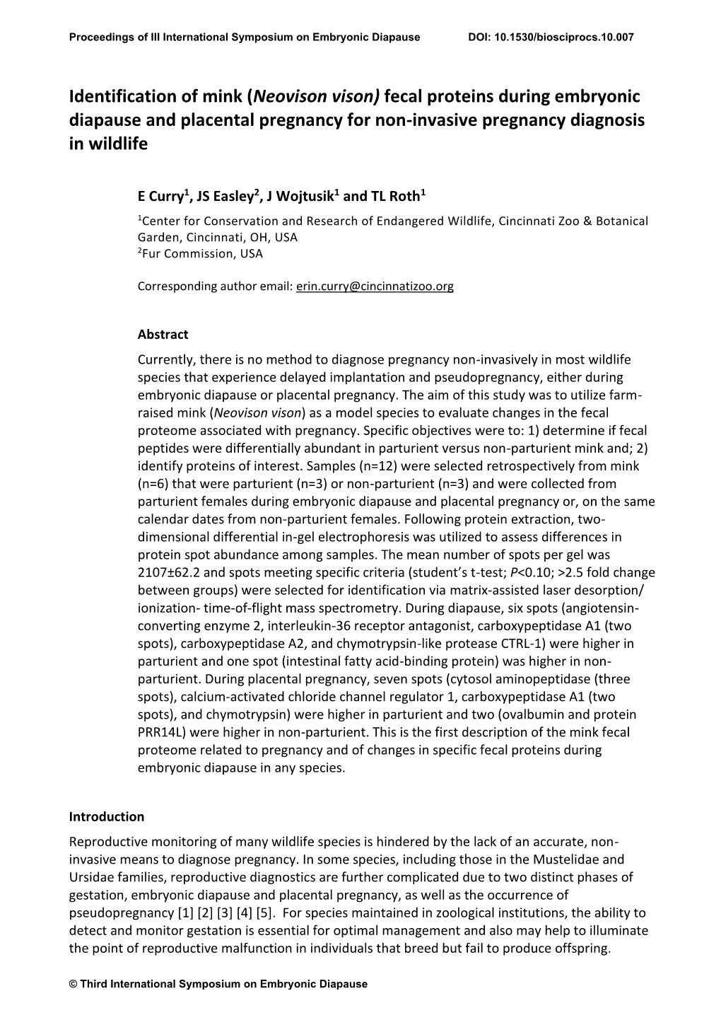 Identification of Mink (Neovison Vison) Fecal Proteins During Embryonic Diapause and Placental Pregnancy for Non-Invasive Pregnancy Diagnosis in Wildlife