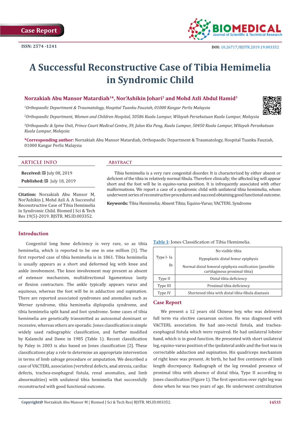 A Successful Reconstructive Case of Tibia Hemimelia in Syndromic Child