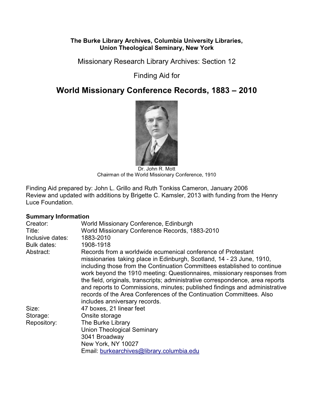 MRL12: World Missionary Conference Records, 1883-2010