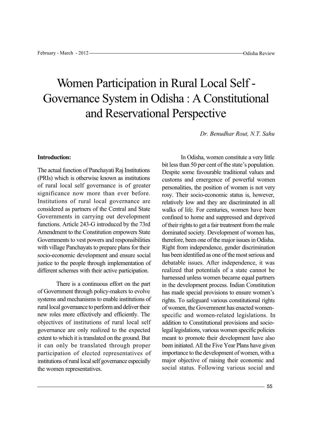 Women Participation in Rural Local Self - Governance System in Odisha : a Constitutional and Reservational Perspective