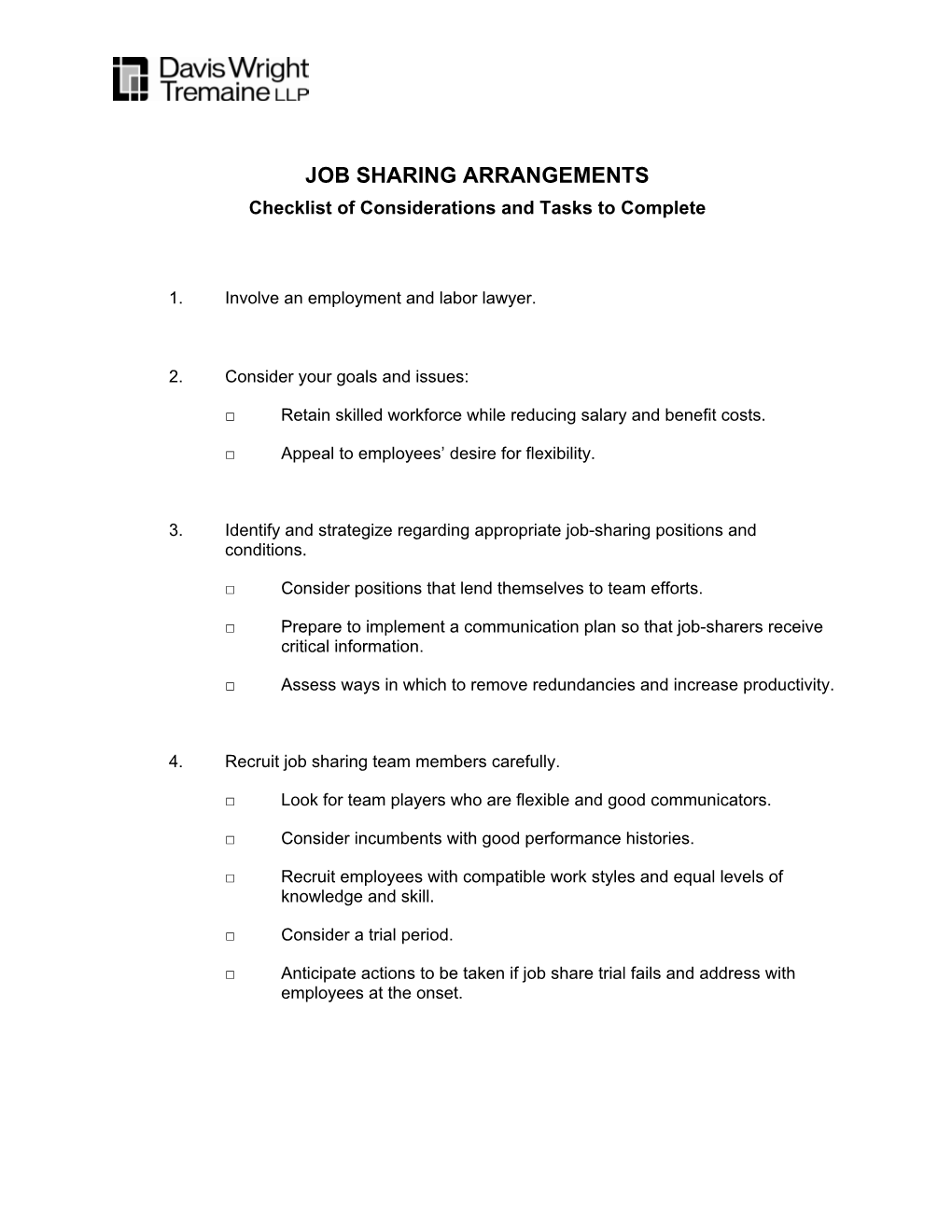 JOB SHARING ARRANGEMENTS Checklist of Considerations and Tasks to Complete