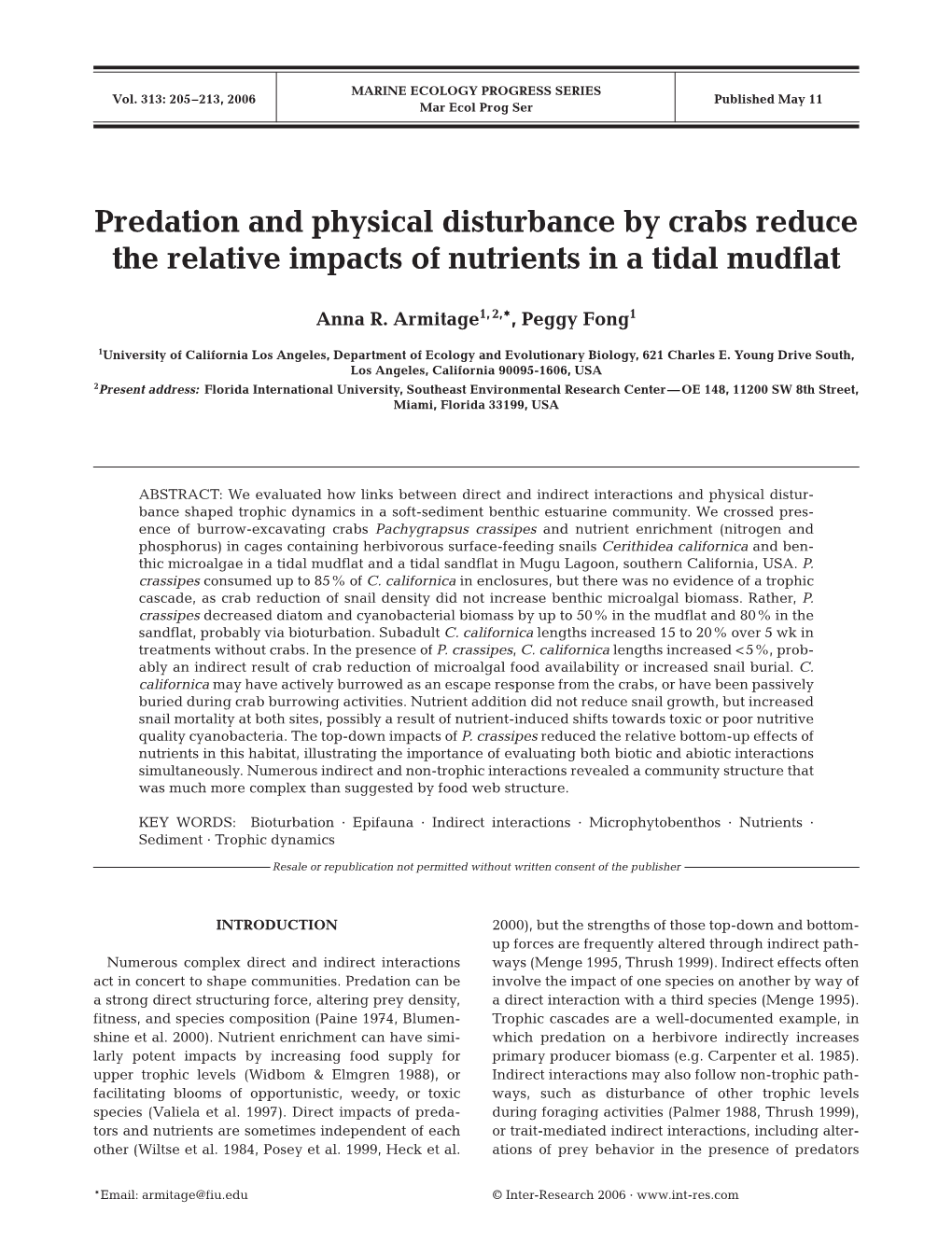 Predation and Physical Disturbance by Crabs Reduce the Relative Impacts of Nutrients in a Tidal Mudflat