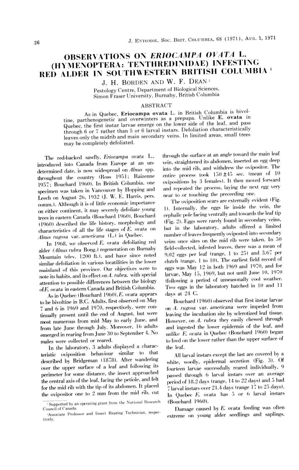 Observations on Eriocampa Ovata L. (Hymenoptera: Tenthredinidae) Infesting Red Alder in Southwestern British Columbia 1 J