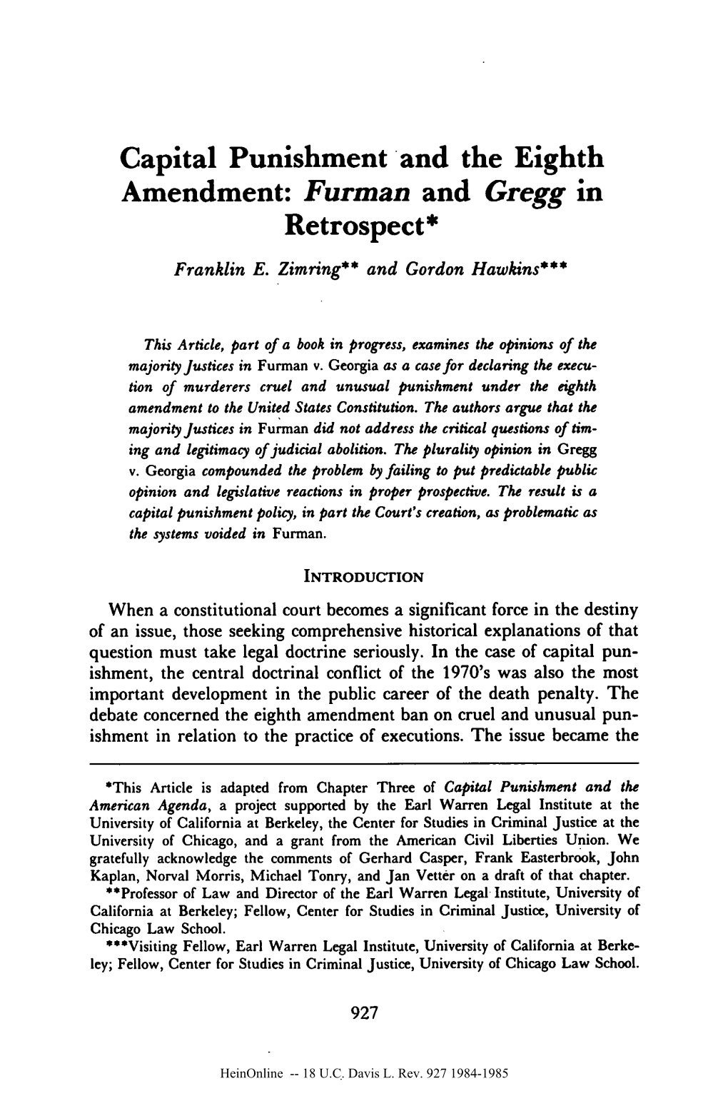 Capital Punishment and the Eighth Amendment: Furman and Gregg in Retrospect*
