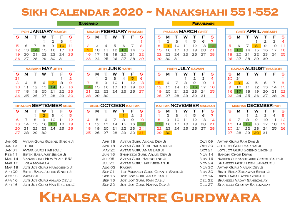 Sikh Calendar 2020 ~ Nanakshahi 551-552