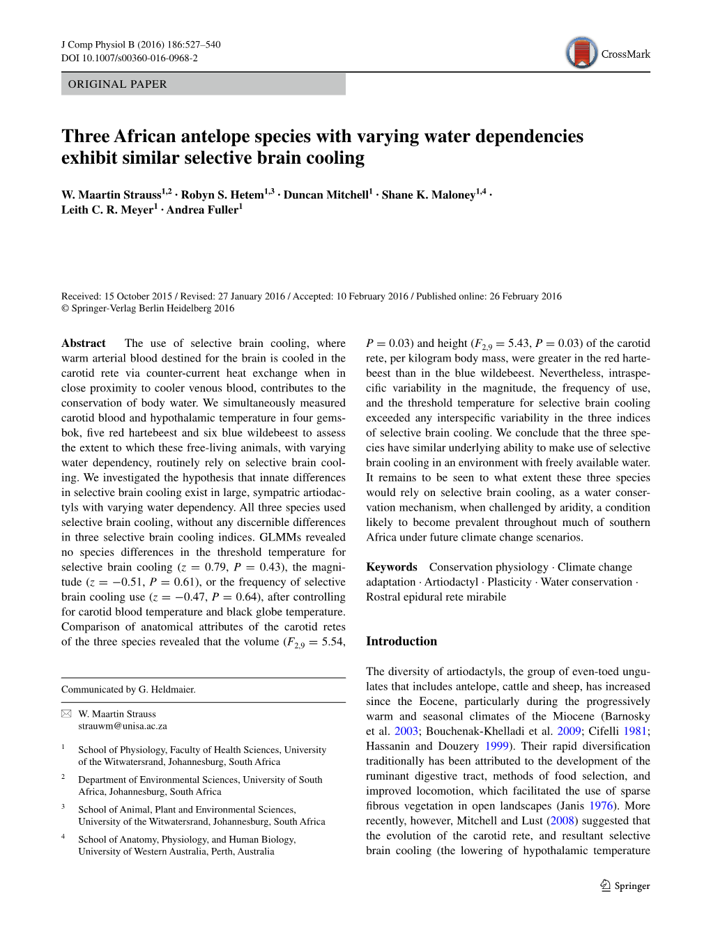 Three African Antelope Species with Varying Water Dependencies Exhibit Similar Selective Brain Cooling