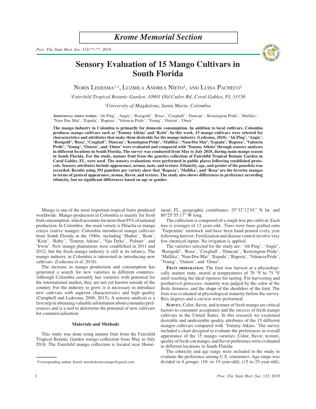 Sensory Evaluation of 15 Mango Cultivars in South Florida