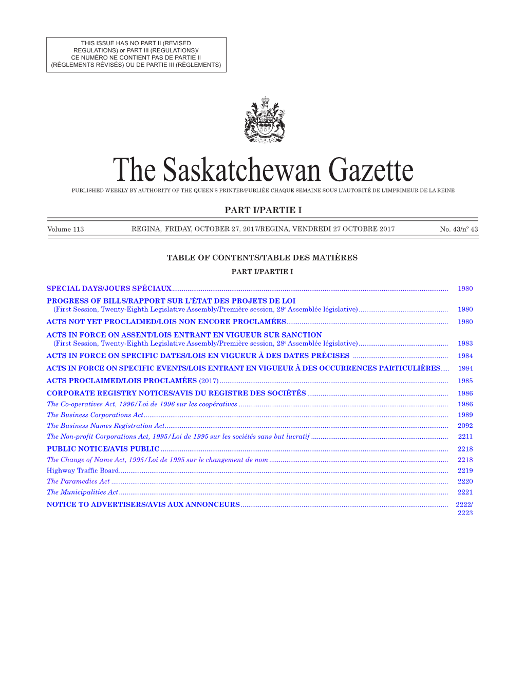 Gazette Part I, October 27, 2017