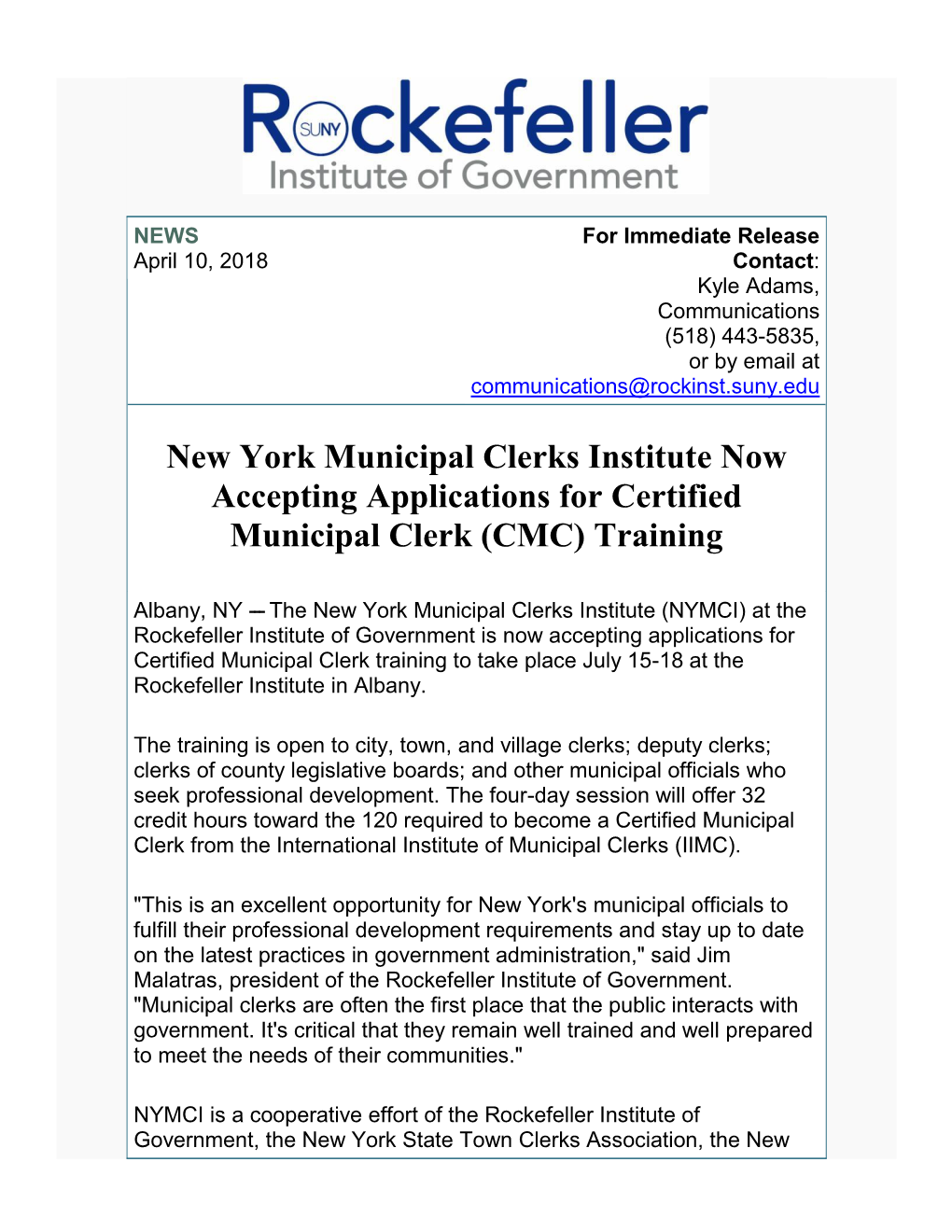 New York Municipal Clerks Institute Now Accepting Applications for Certified Municipal Clerk (CMC) Training
