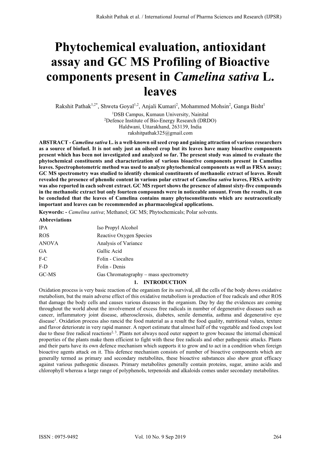 Phytochemical Evaluation, Antioxidant Assay and GC MS Profiling of Bioactive Components Present in Camelina Sativa L