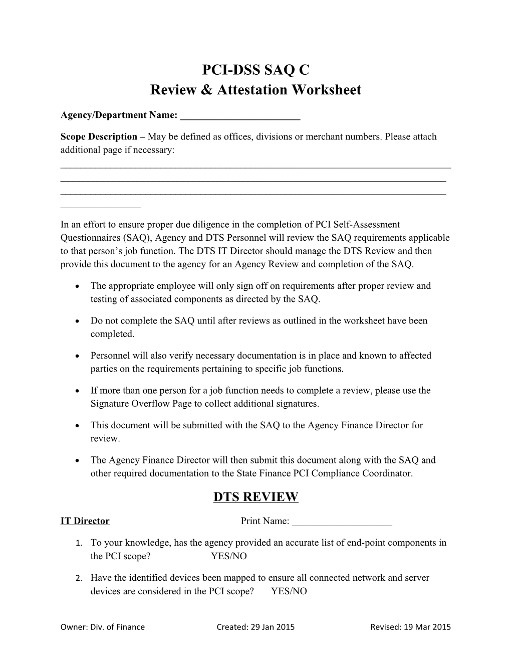 PCI-DSS SAQ C Review & Attestation Worksheet