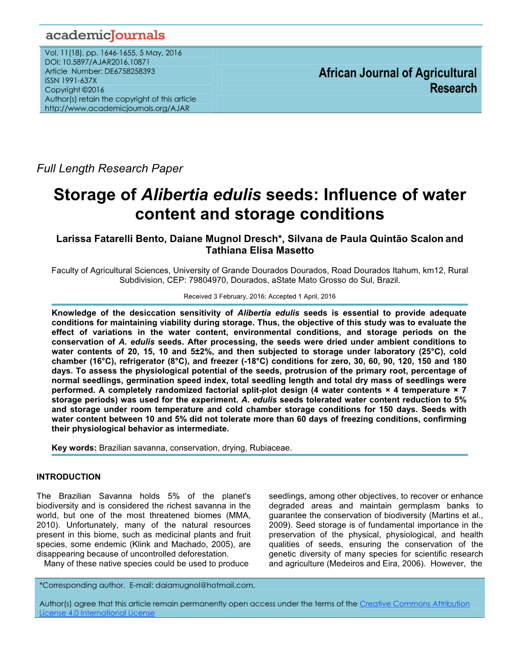 Storage of Alibertia Edulis Seeds: Influence of Water Content and Storage Conditions