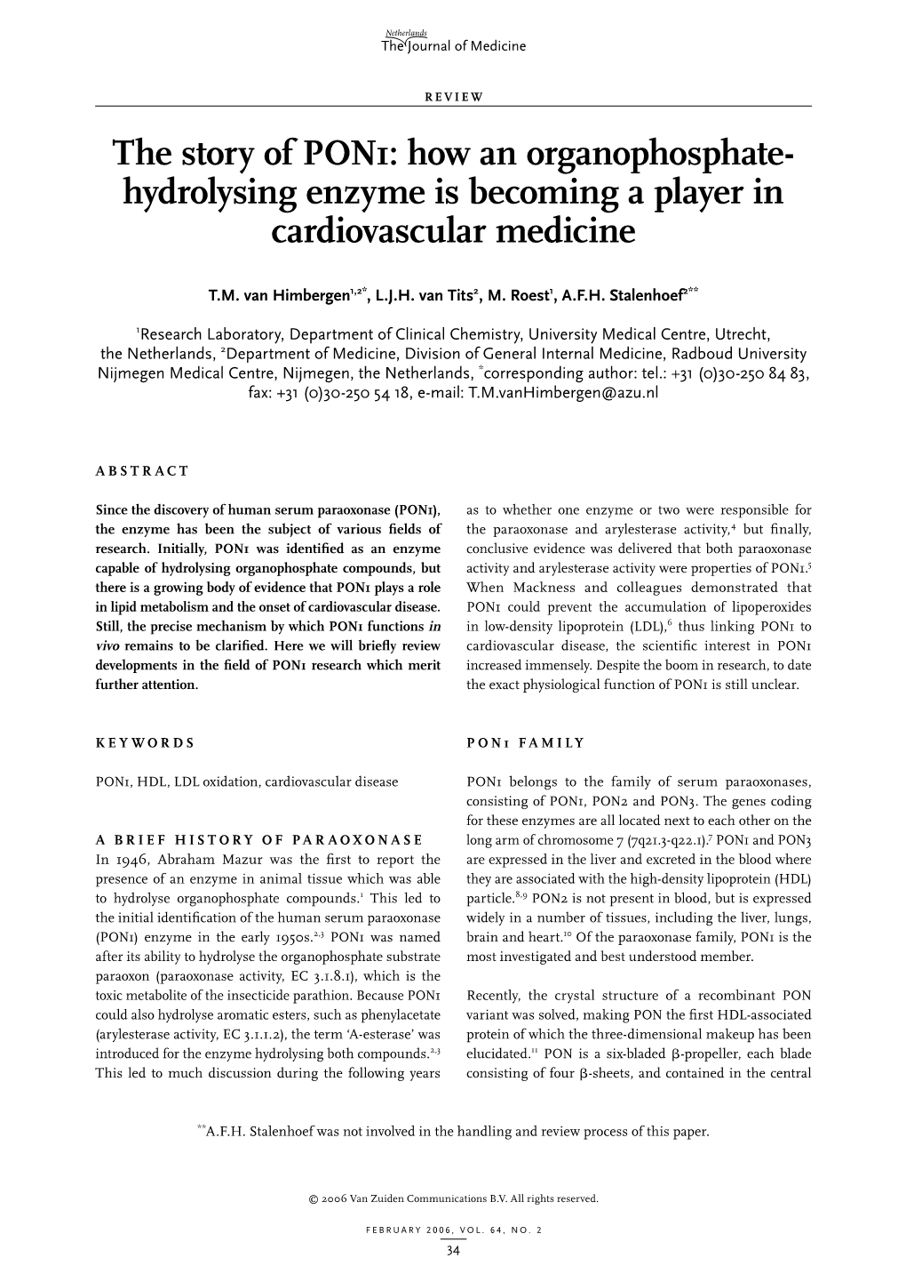 The Story of PON1: How an Organophosphate- Hydrolysing Enzyme Is Becoming a Player in Cardiovascular Medicine