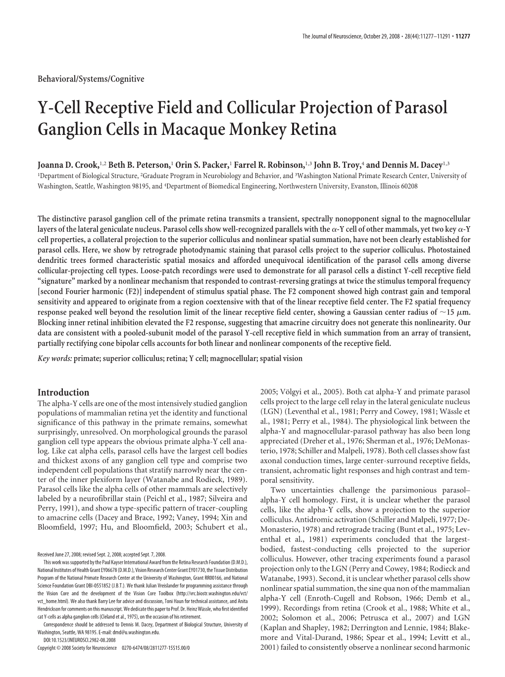 Y-Cell Receptive Field and Collicular Projection of Parasol Ganglion Cells in Macaque Monkey Retina