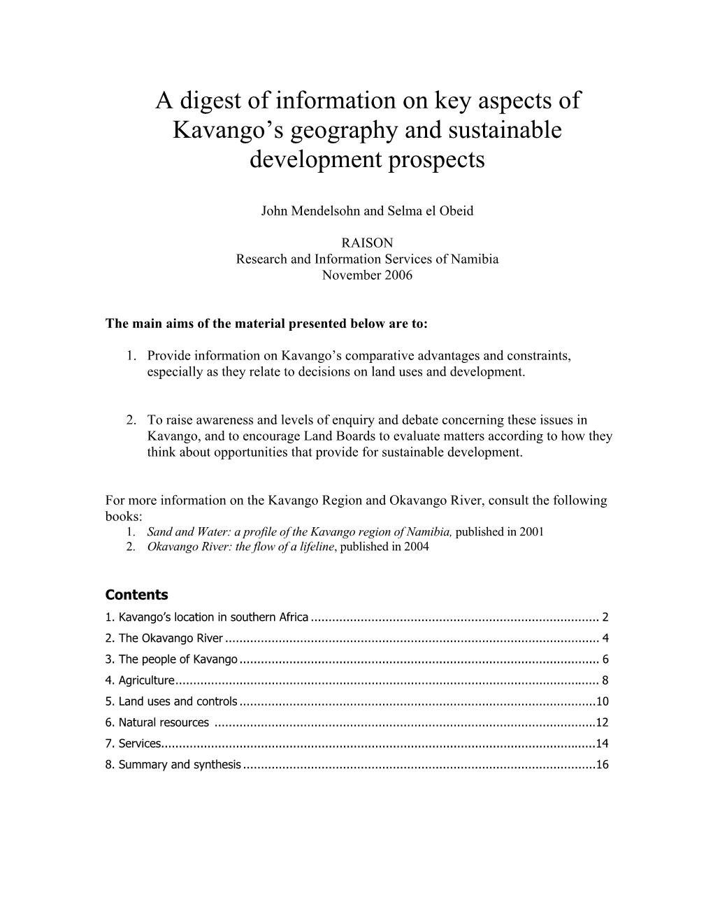 A Digest of Information on Key Aspects of Kavango's Geography And