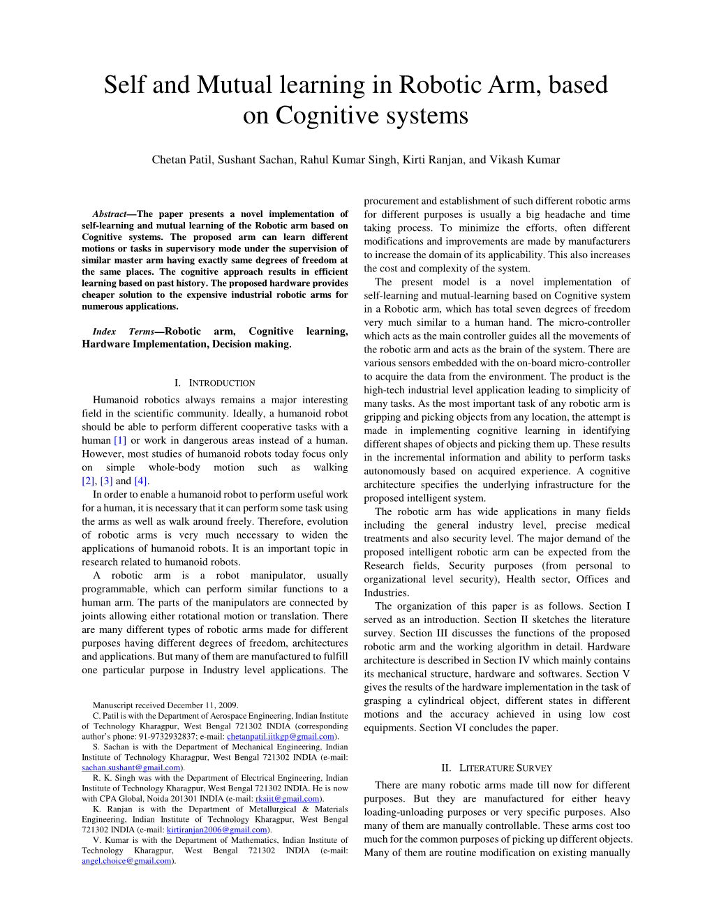 Self and Mutual Learning in Robotic Arm, Based on Cognitive Systems