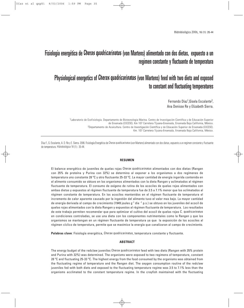 Cherax Quadricarinatus (Von Martens) Alimentado Con Dos Dietas, Expuesto a Un Regimen Constante Y Fluctuante De Temperatura