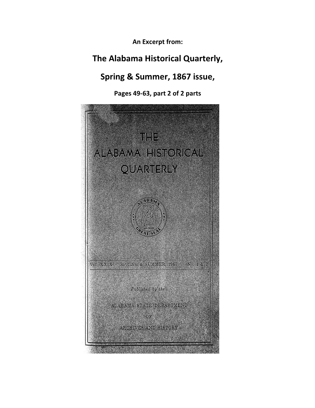 The Alabama Historical Quarterly, Spring & Summer, 1867 Issue