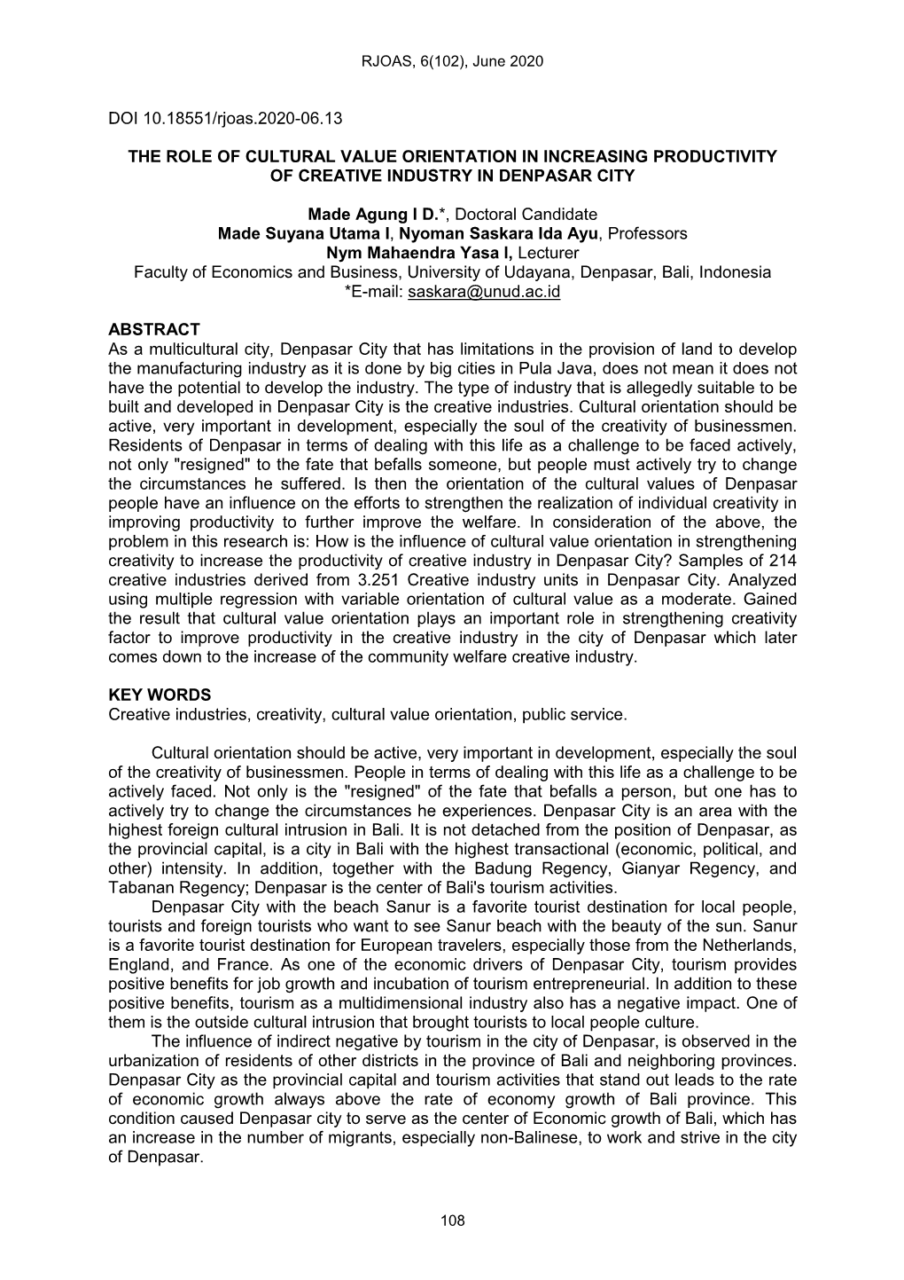 DOI 10.18551/Rjoas.2020-06.13 the ROLE of CULTURAL VALUE