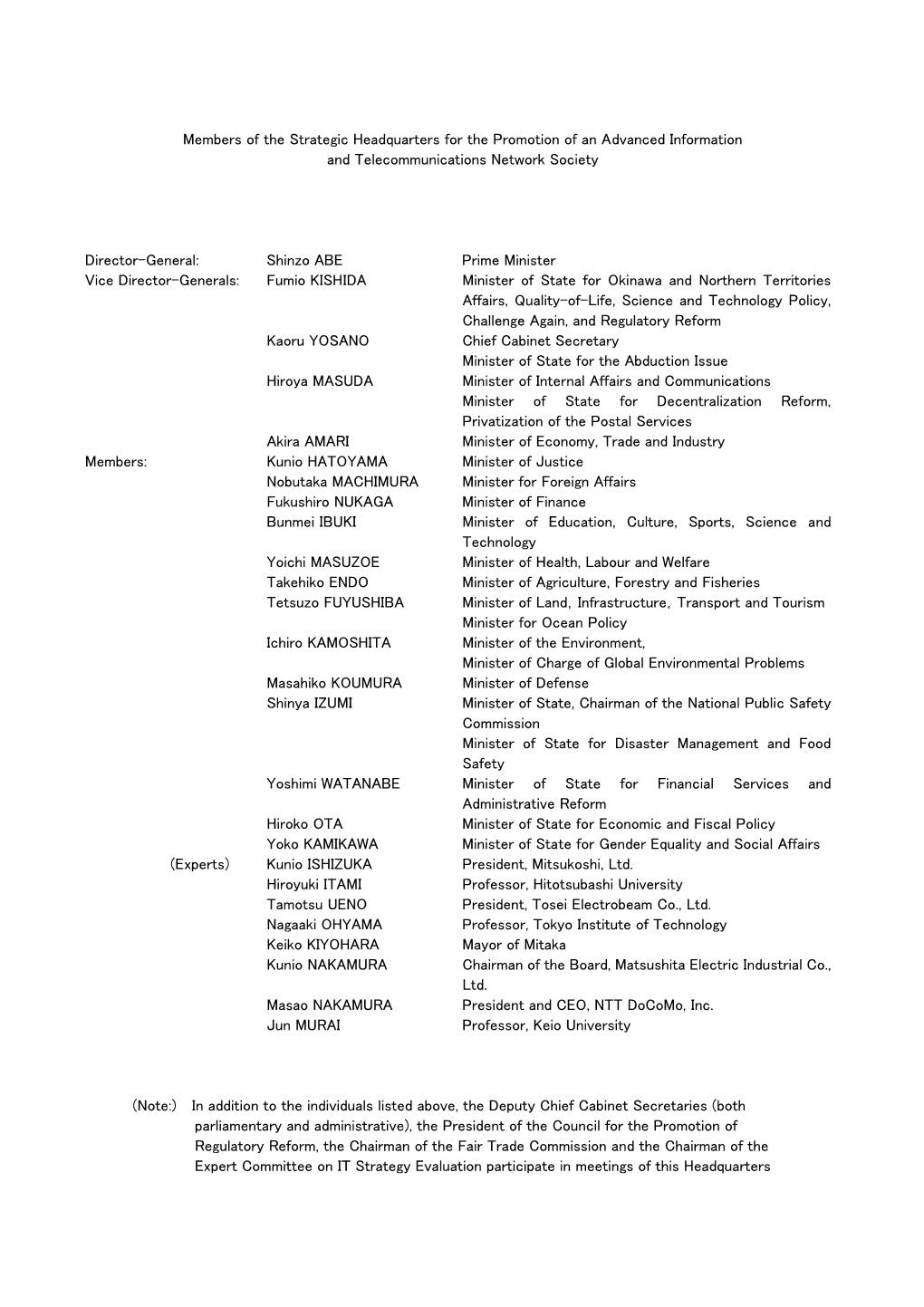 Members of the Strategic Headquarters for the Promotion of an Advanced Information and Telecommunications Network Society