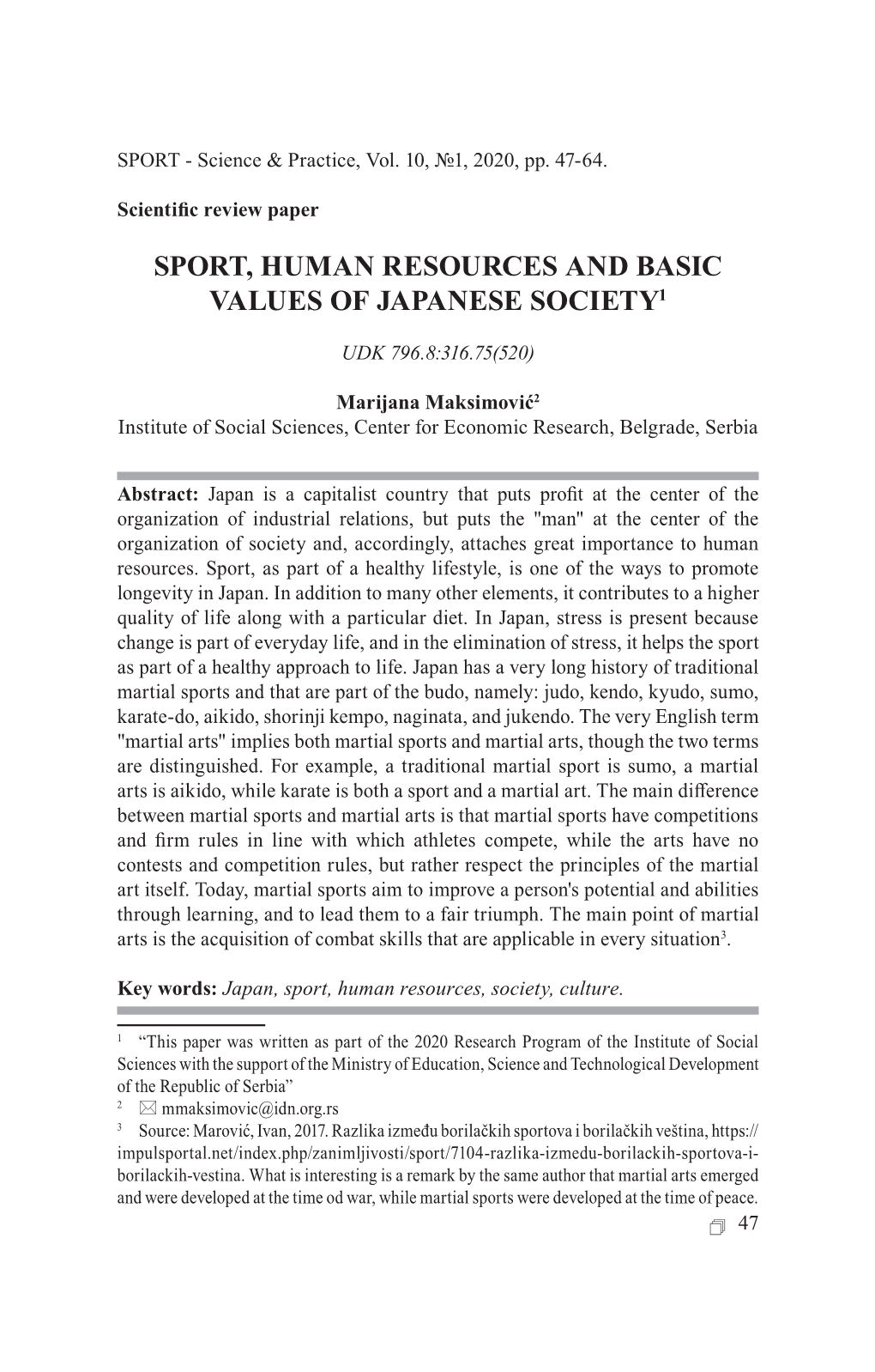 Sport, Human Resources and Basic Values of Japanese Society1