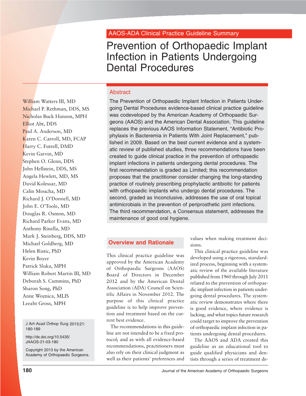 Prevention of Orthopaedic Implant Infection in Patients Undergoing Dental Procedures