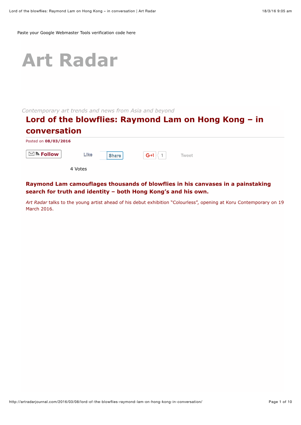 Lord of the Blowflies: Raymond Lam on Hong Kong – in Conversation