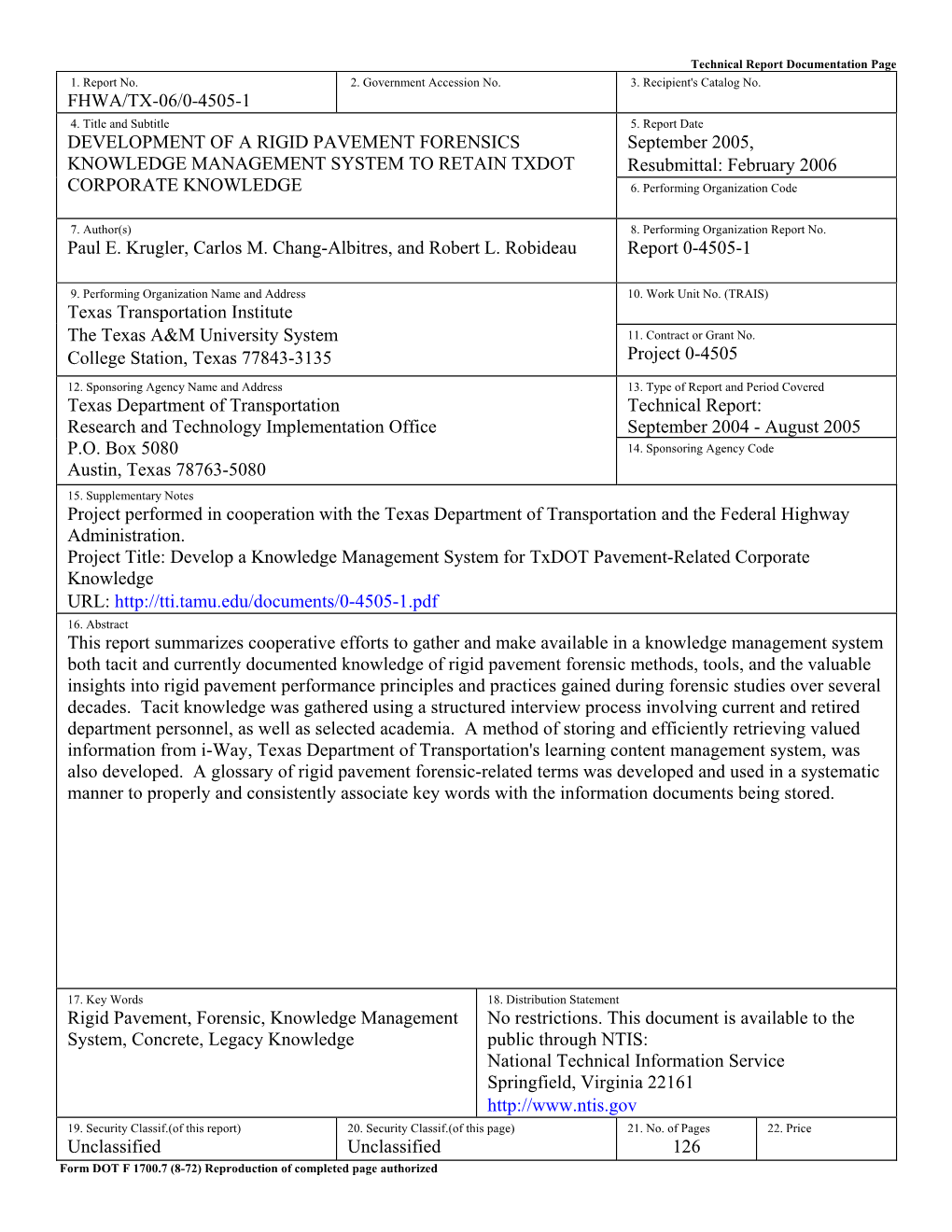 Development of a Rigid Pavement Forensics Knowledge Management System to Retain Txdot Corporate Knowledge