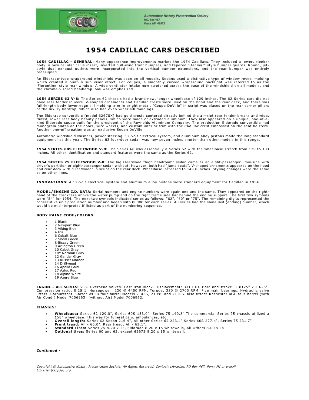 1954 Cadillac Cars Described