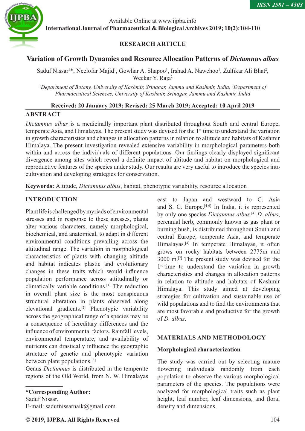 Variation of Growth Dynamics and Resource Allocation Patterns of Dictamnus Albus Saduf Nissar1*, Neelofar Majid1, Gowhar A