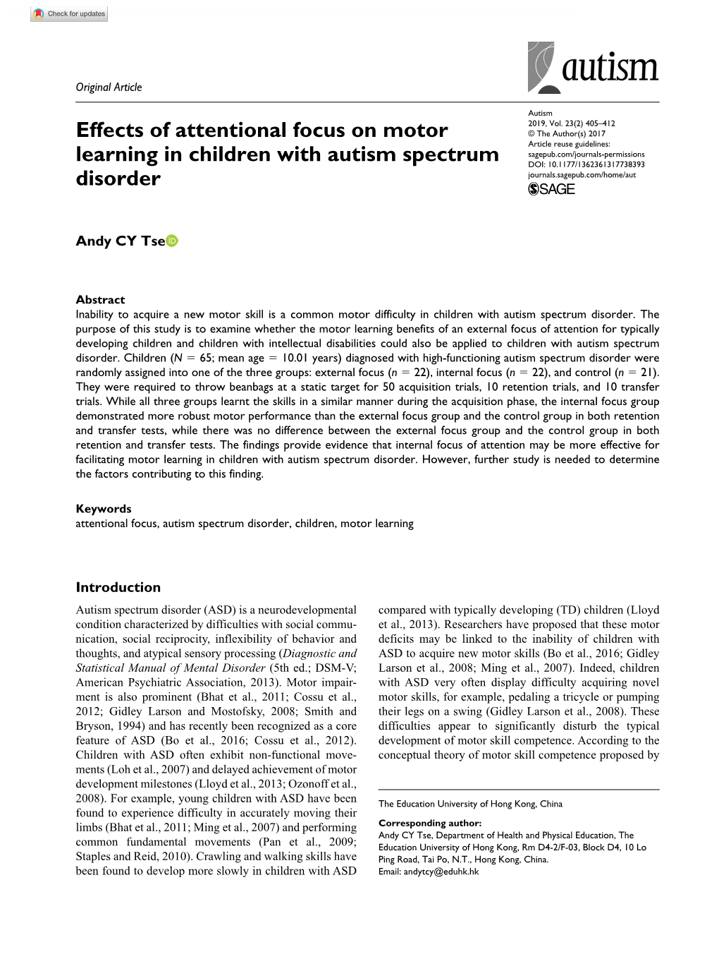 Effects of Attentional Focus on Motor Learning in Children with Autism