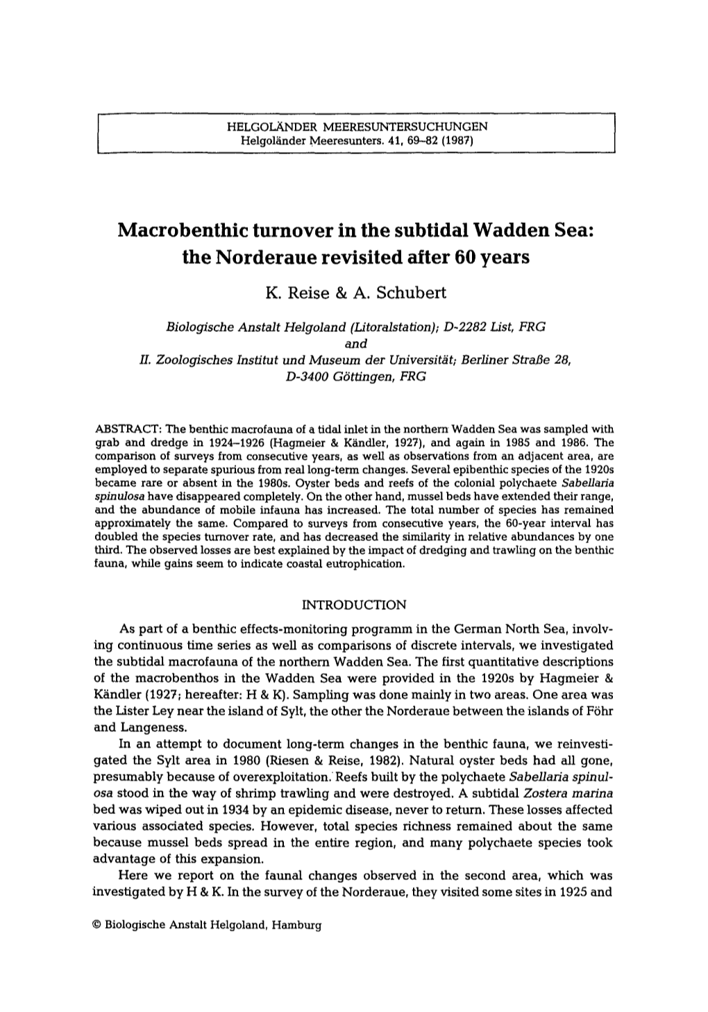 Macrobenthic Turnover in the Subtidal Wadden Sea: the Norderaue Revisited After 60 Years K