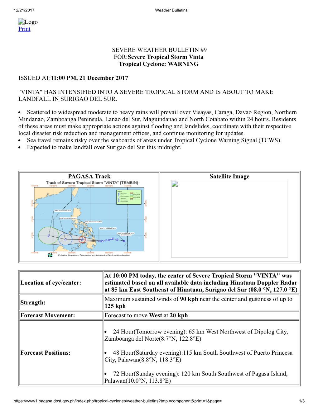 Logo Print SEVERE WEATHER BULLETIN #9 FOR:Severe Tropical Storm Vinta Tropical Cyclone