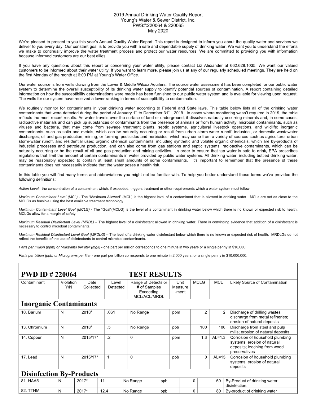 PWD ID # 220064 TEST RESULTS Inorganic Contaminants