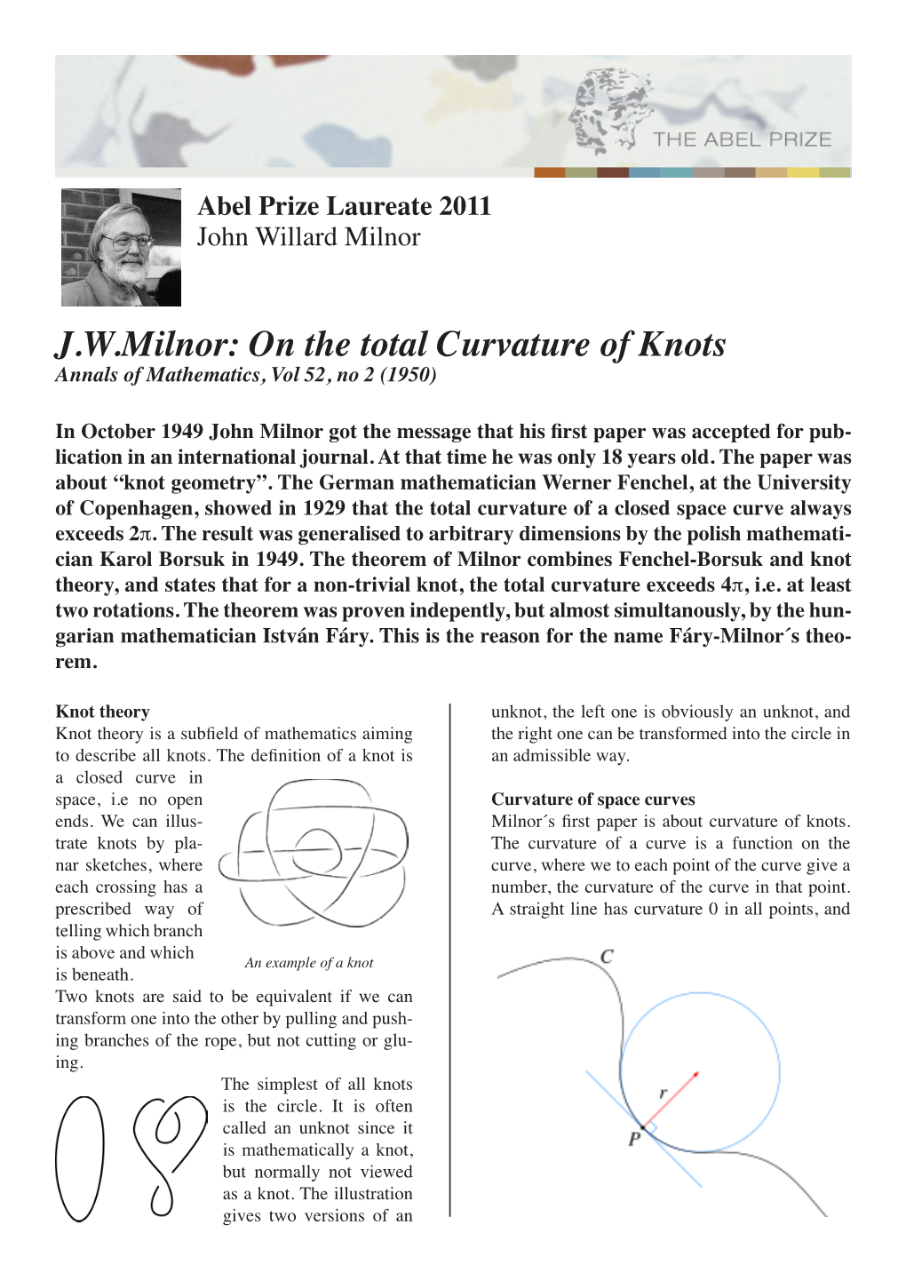 J.W. Milnor: on the Total Curvature of Knots