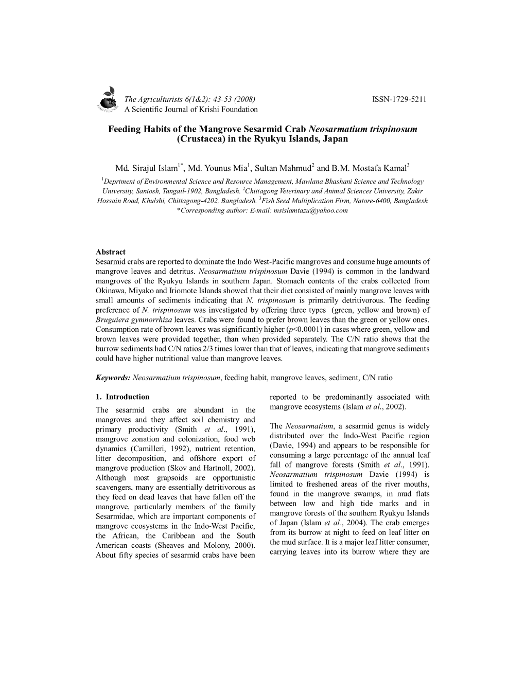 Feeding Habits of the Mangrove Sesarmid Crab Neosarmatium Trispinosum (Crustacea) in the Ryukyu Islands, Japan