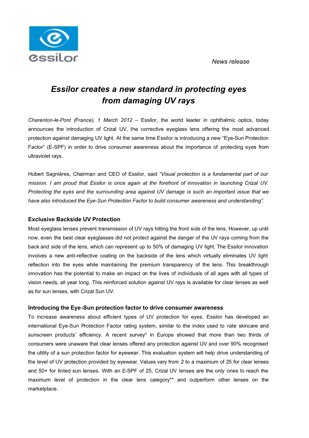 Essilor Creates a New Standard in Protecting Eyes from Damaging UV Rays