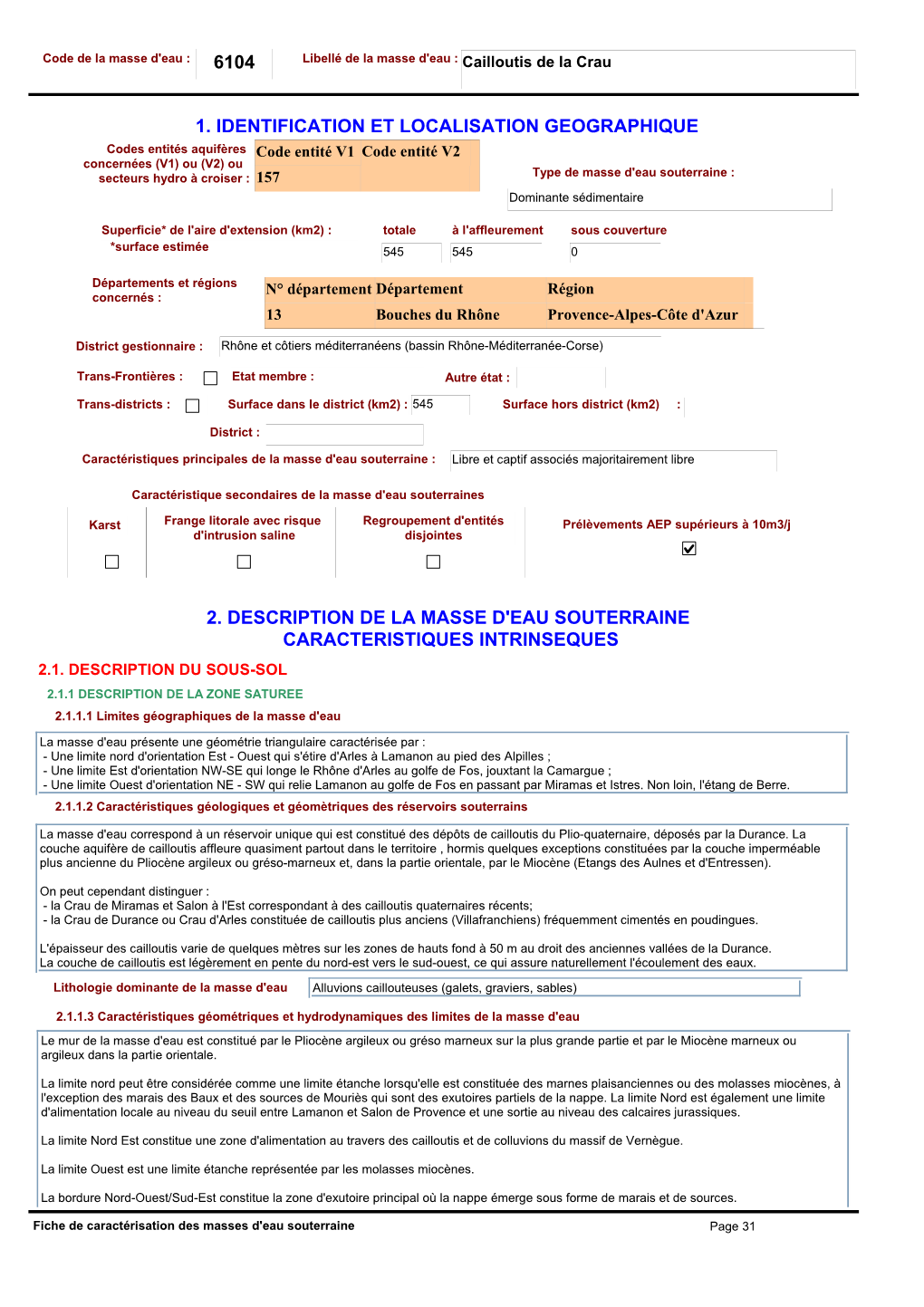 6104 1. Identification Et Localisation Geographique 2. Description De La Masse D'eau Souterraine Caracteristiques Intrinseques