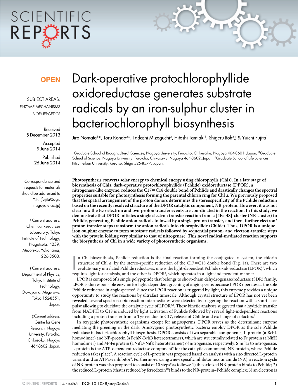 Dark-Operative Protochlorophyllide Oxidoreductase Generates Substrate Radicals by an Iron-Sulphur Cluster in Bacteriochlorophyll
