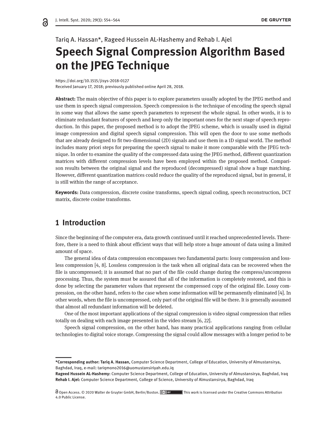 Speech Signal Compression Algorithm Based on the JPEG